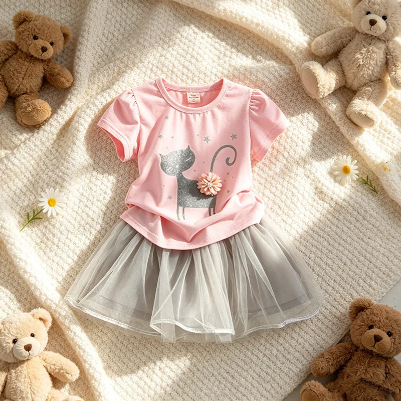 2Pcs/Set Girls Casual Mesh Tutu Skirt Cartoon Cotton Short Sleeve T-shirt Children Clothes Suit Fashion Kids Costume 1 To 5 Y