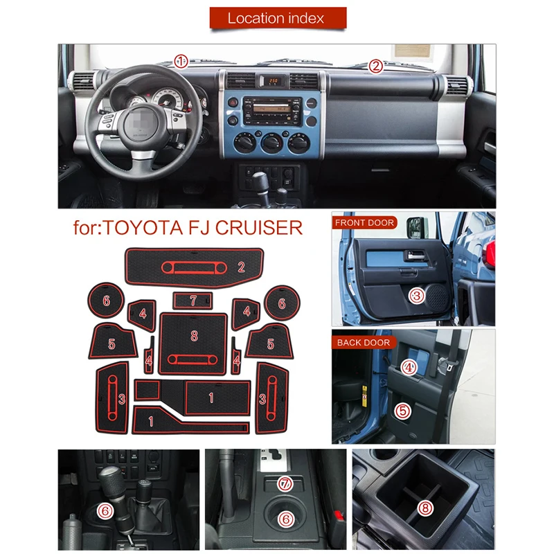 For Toyota FJ Cruiser 07-21 Car Front Back Door Slot Pad Mat Cup Holders Mats Armrest Storage dashboard Box Pad Car  Accessories