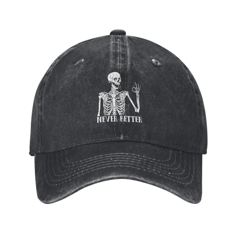 

Custom Unisex Cotton Halloween Skull Never Better Skeleton Baseball Cap Adult Adjustable Dad Hat Women Men Sports