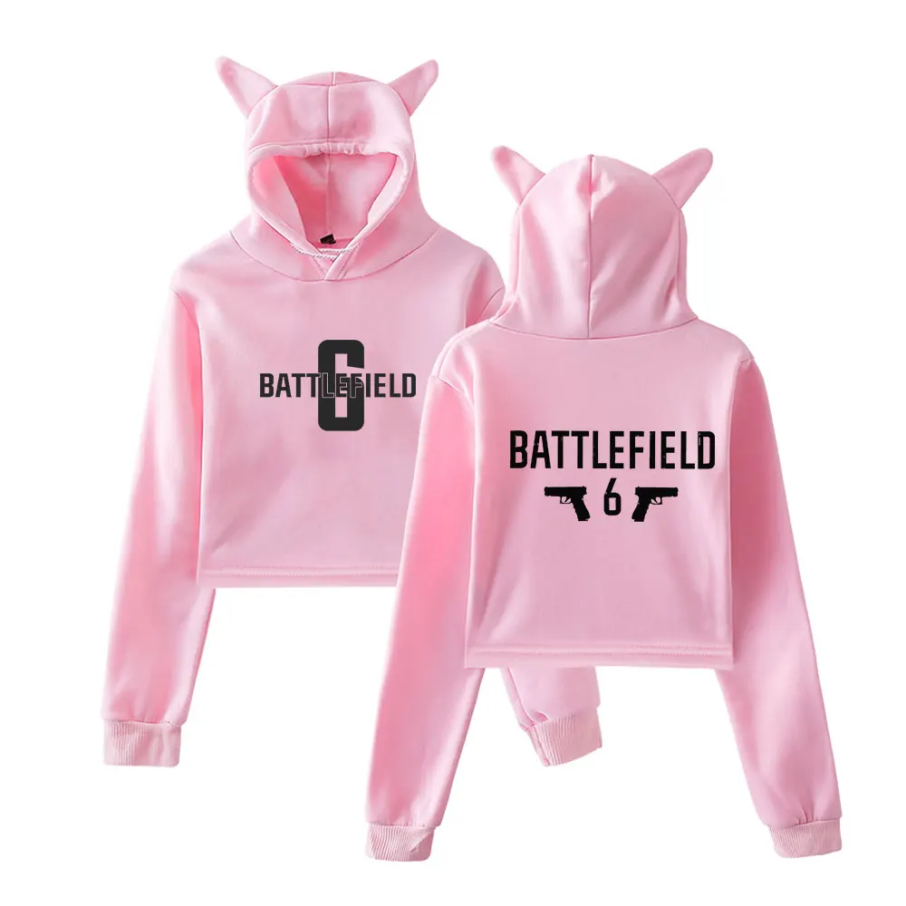 

Battlefield 6 Merch винтажная уличная одежда 90-х годов с логотипом, толстовки с капюшоном для девочек, укороченный модный спортивный пуловер с кошачьими ушками