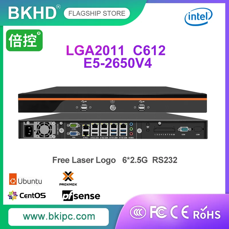 BKHD R9 C612 19 inch 1U Firewall Server LGA2011 ECC Geheugen Xeon E5-2650V4 E5-V3 V4 6*2.5G 6*USB RS232 Ondersteuning WIFI 4G VPN Linux