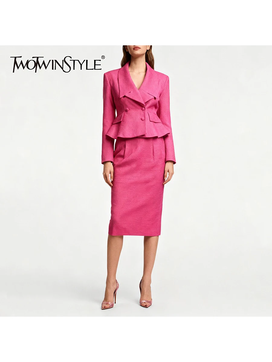 TWOTWINSTYLE Solid Elegant Two Piece Sets for Women Lapel Long Sleeves Tunic Spliced Ruffles Blazer High Waist Skirt Set Female