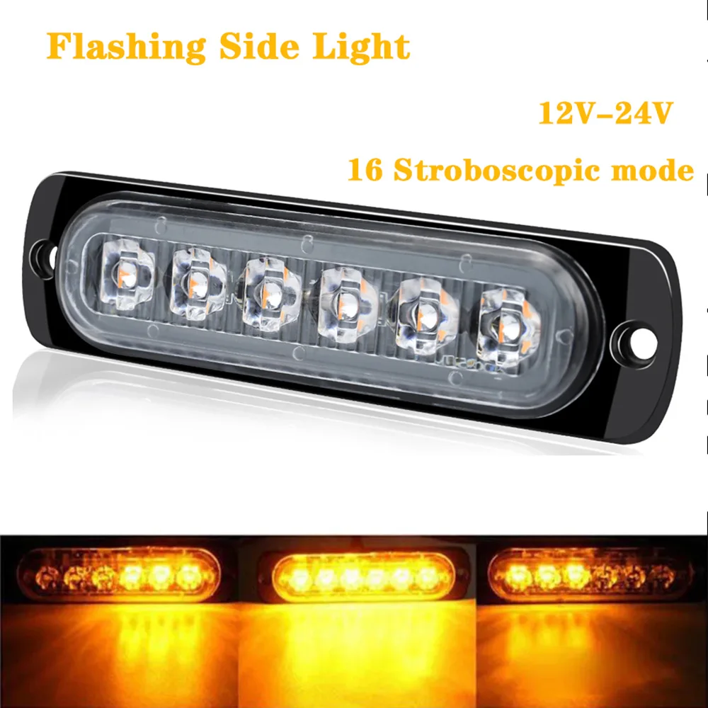 1Pcs 6LED 12V 24V Amber Car Led Strobe Warning Signal Light Auto Grille Flashing Light Truck Side Width Beacon Traffic Lamp