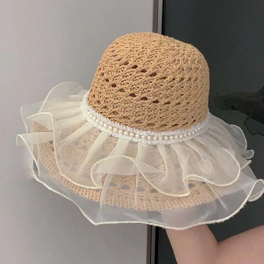 

Sweet Portable Lace Pearls Sun Cap Hollow Out Polyester Straw Weaving Beach Hat Breathable Thin Big Brimmed Woven Cap Seaside