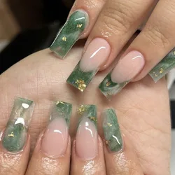 24pcs Mid-length Square Green Chinese Style Long Fake Nails with Design Press on Nails Set French Tip False Nail Acrylic Charms