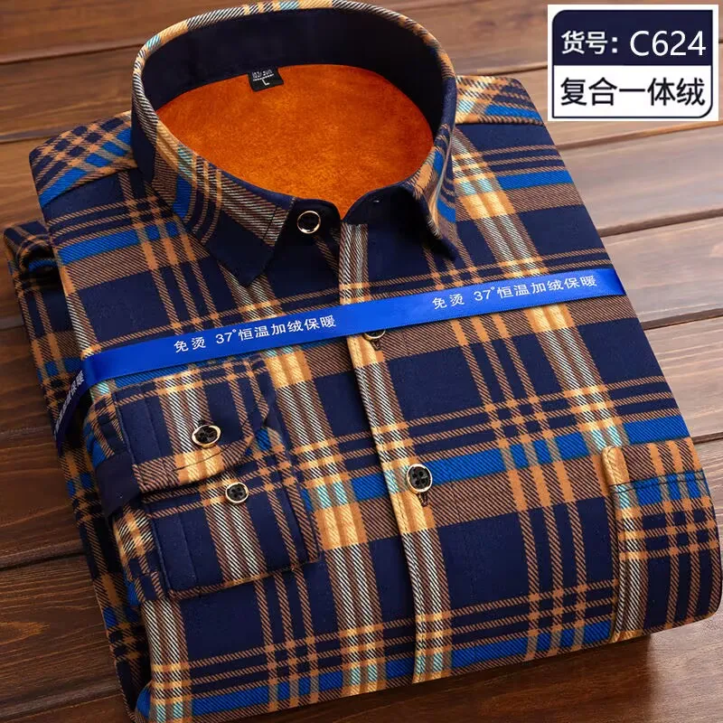 

New Men Fleece Shirt 2025 Autumn Winter Male Long Sleeve Plaid Shirt Thick Fleece Lined Soft Casual Flannel Warm Dress Shirt