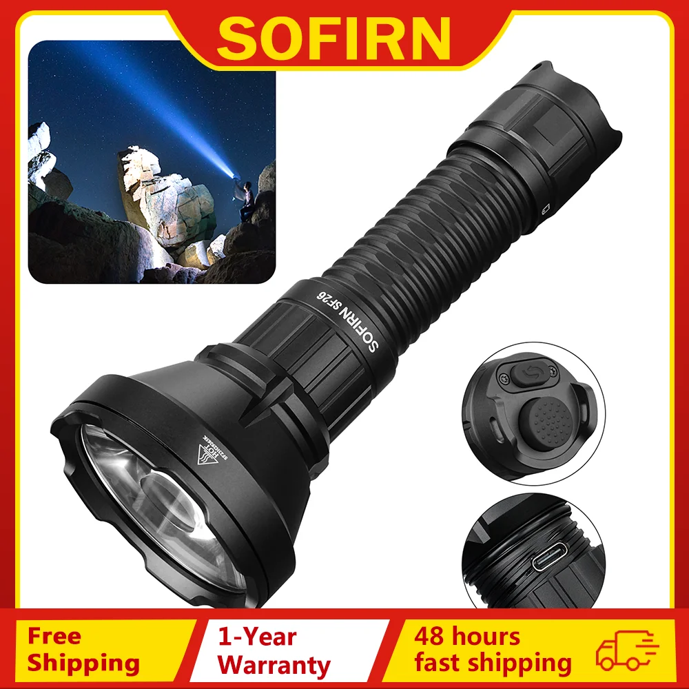 Sofirn 21700 전술 손전등, 장거리 USB C 충전식 토치, 더블 테일 스위치 IPX-8, SF26, 2000lm, 964m
