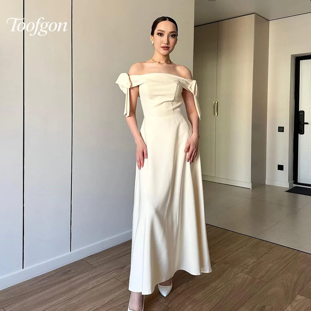 

Toofgon A Line Satin Long Evening Dresses Strapless Off The Shoulder Women Prom Gowns Corset Back Formal Party Birthday Dress