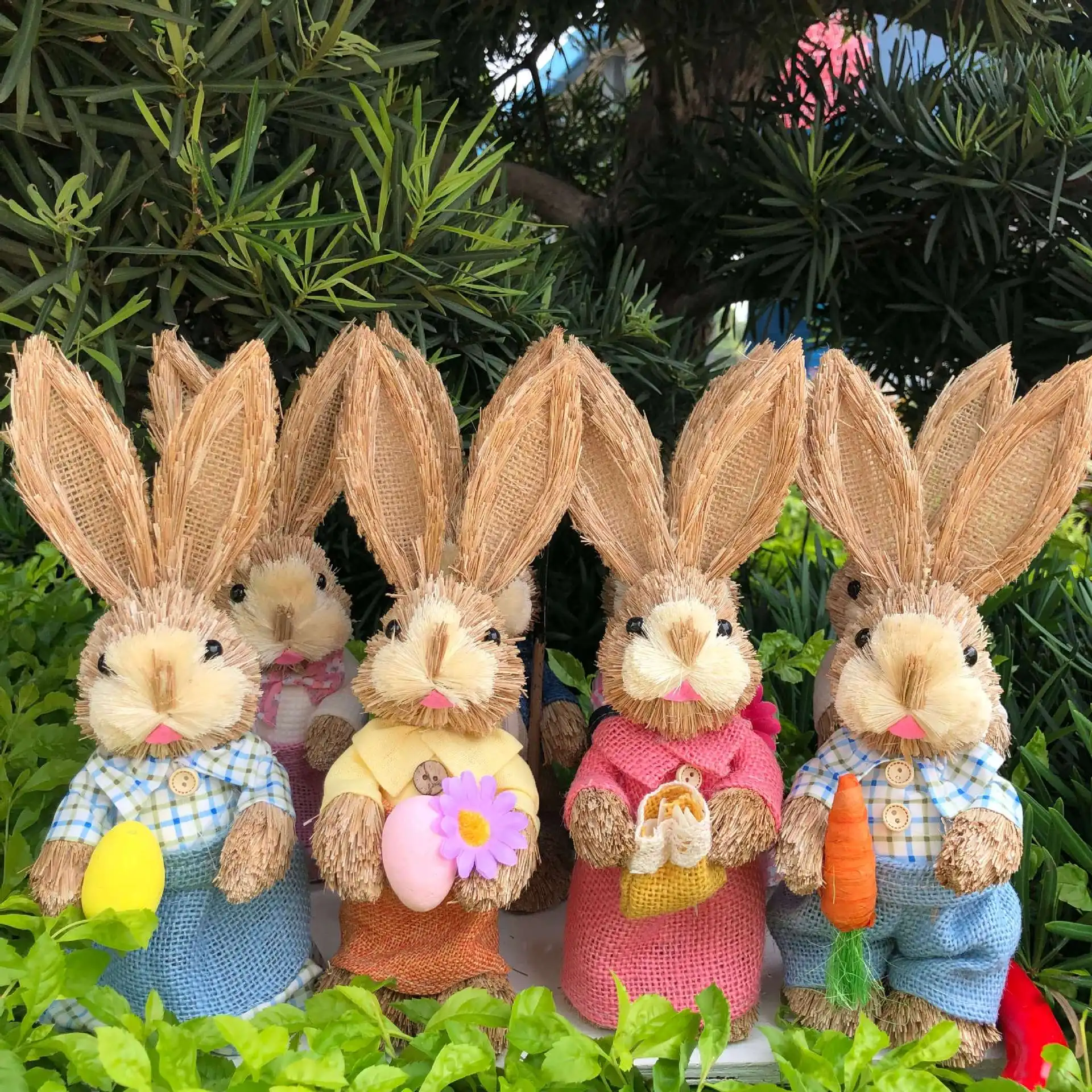 Easter Rabbit Decoration Straw Rabbit Ornament Creative Artificial Bunny Figure 25cm Home Holiday Cute with Flower Wreath