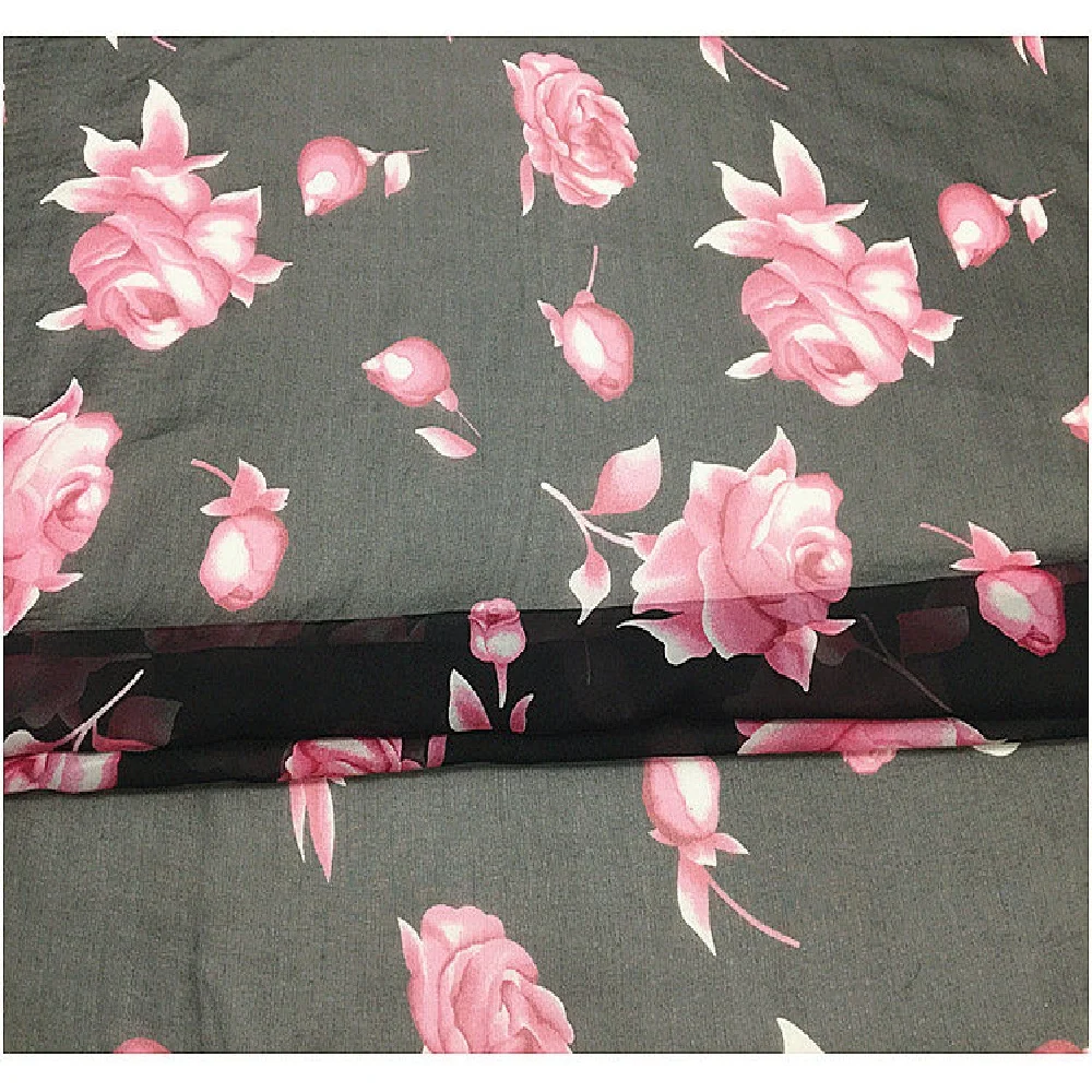 Tissu en soie Georgette GGT 100% soie, base noire, imprimé fleurs, élégant et charmant, pour pantalons, chemises et robes homme et femme