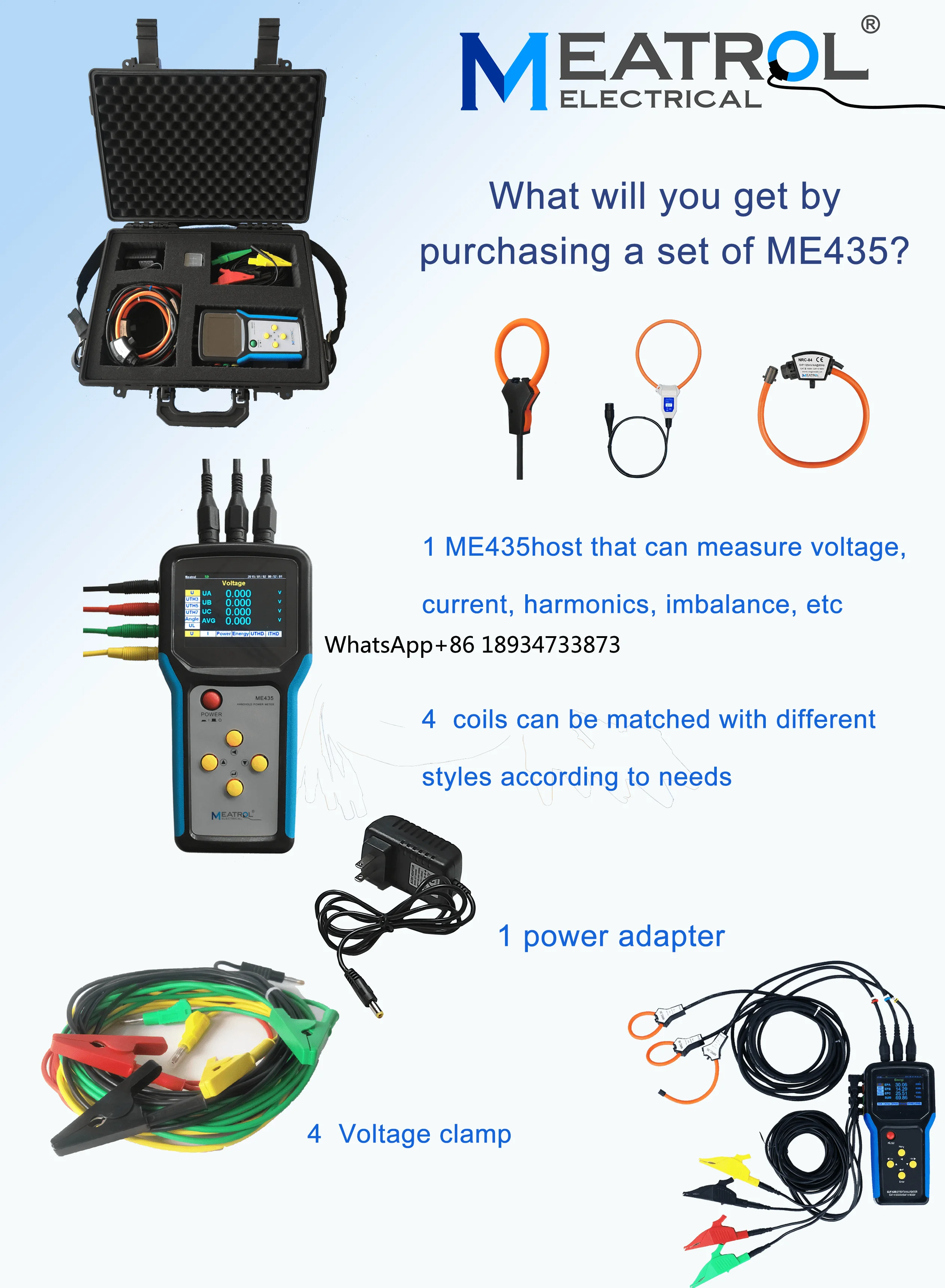 CE Certified ME435 Handheld 3-Phase Energy Meter Analyzer Features Uninterrupted Current Detection Sensor Hardware Accessory