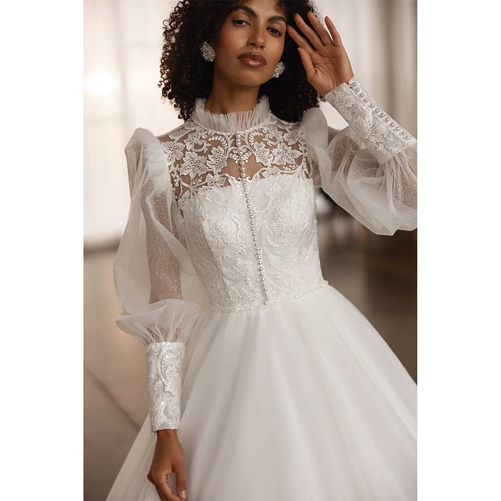 فستان زفاف عربي للمرأة العروس مخصص ذوي الياقات العالية وأكمام طويلة سويب تراين على شكل حرف a فستان زفاف فيستدو دي نويفا