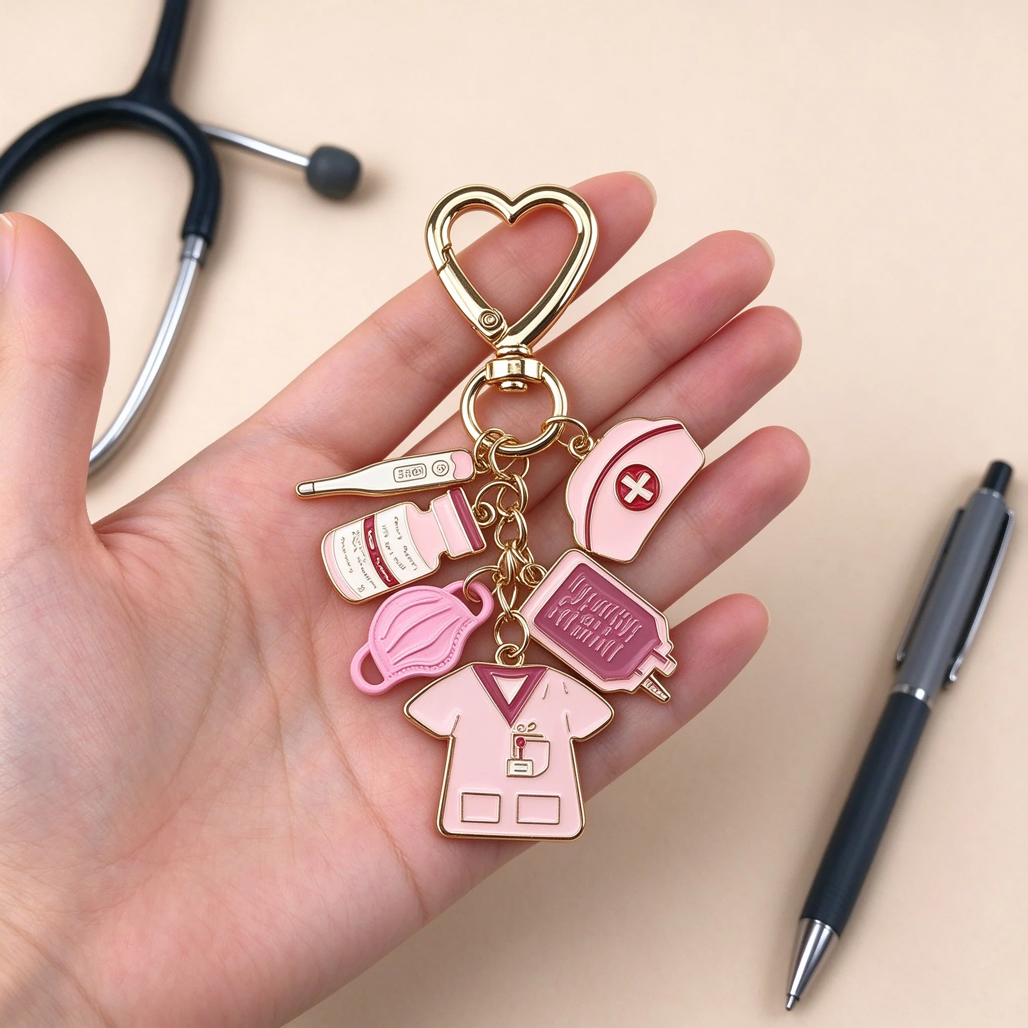 Adorable Enamel Medical Tools Keychain Thermometer Mask Infusion Pump Pill Bottle Nurse Hat Pendant Unisex Charm Gift