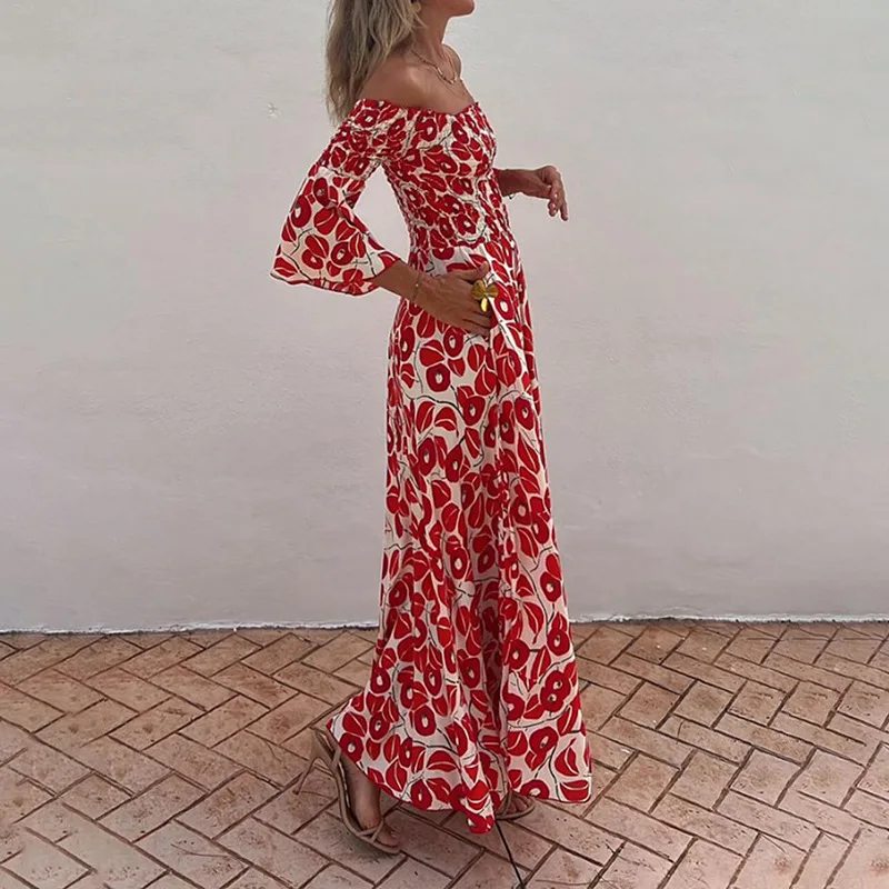 Floral Pleated Off-the-shoulder Pocket Maxi Dress Print Pleat Elegant Women Elastic Waist Boho Dress Flare Sleeve A-line Dress