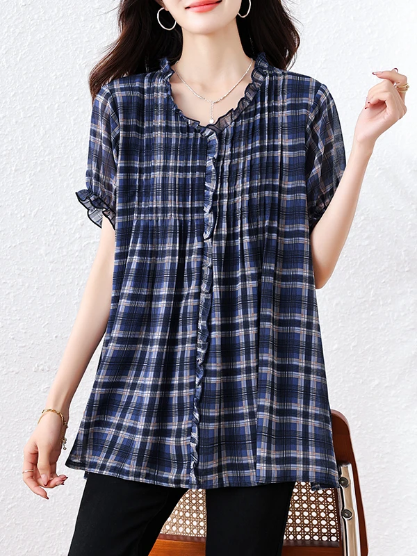 Faionable High-End Plaid Chiffon irt Donna Plus Size Estate Sciolto Codice grande Copertura della pancia di media lunghezza Dimagrante Alla moda irt