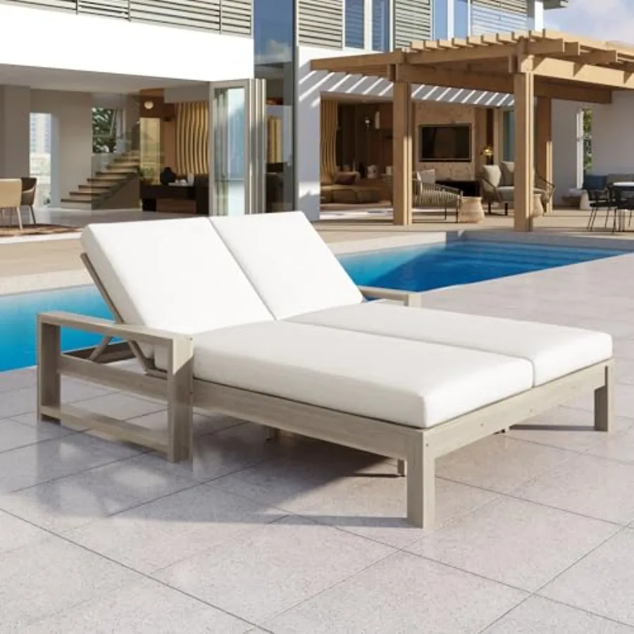 Outdoor double lounge chair for poolside, garden, beach lawn, patio; wood frame with beige cushions; 5-position adjustable back