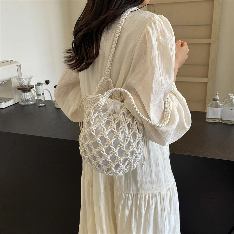 Ladies Summer Bucket Shoulder Bag Phone Purse Handmade Hollow Out Cotton Rope Crochet Bag Small Handbag For Women