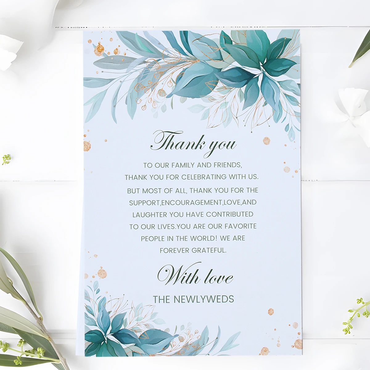 25Pcs Wedding Green Leaf Gold Dot Border Thank You Card Wedding Party Decoration Adult Ceremony Banquet Table Thank You Postcard