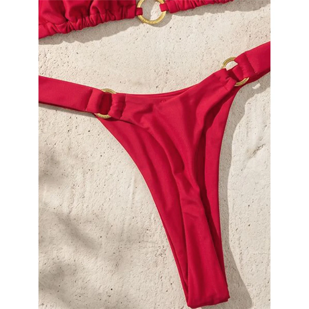 XS - L Halter-Bikini mit Metallring, Mini-Tanga, Damen-Badeanzug, zweiteiliges Bikini-Set, Badebekleidung, Badeanzug, Modell V8107 – Detail 7
