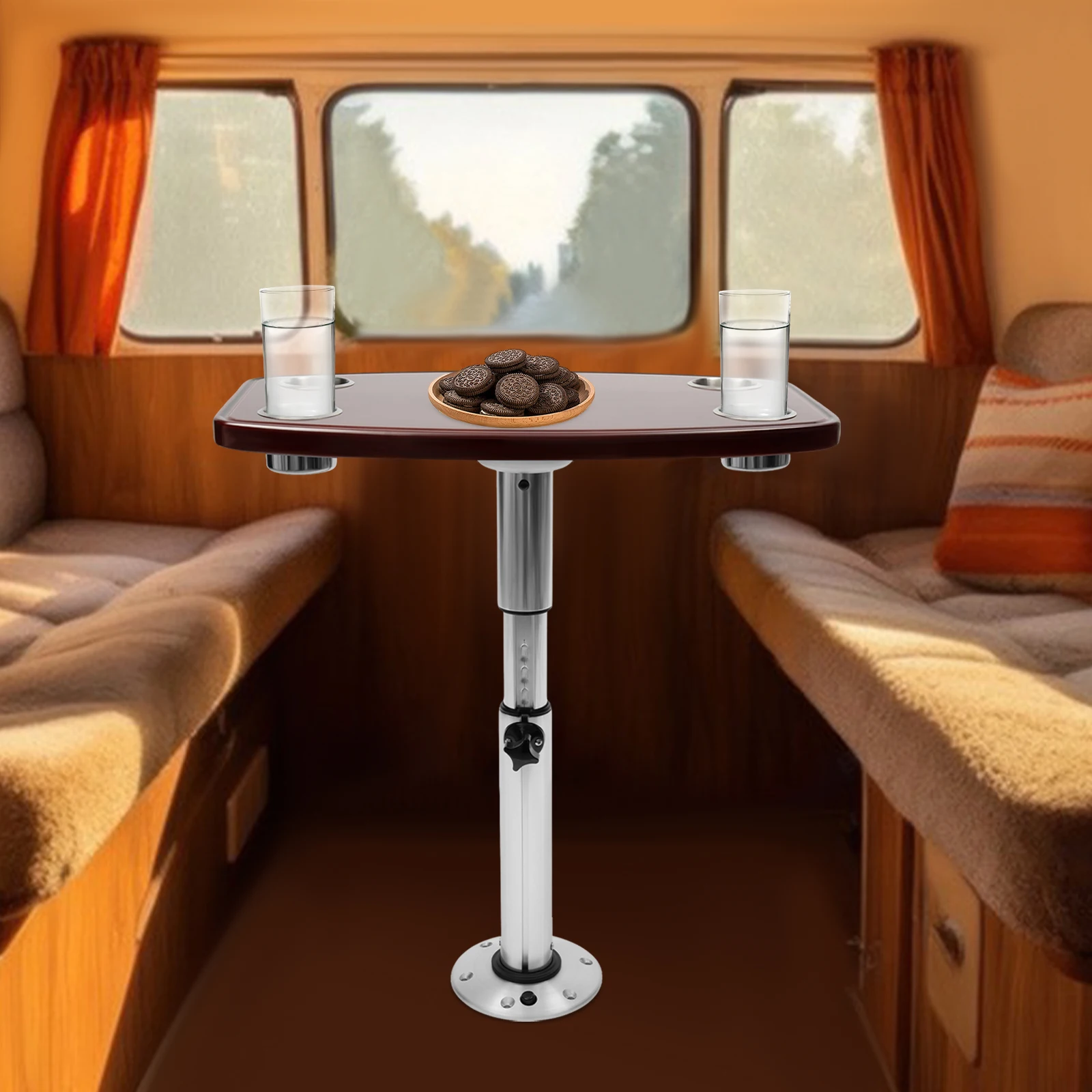 Height Adjustable RV Table with 4 Cup Holders 55.5‑70.5cm Wooden Top Aluminum Leg Pedestal Table for Camper Van Caravan Boat