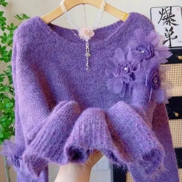 

Unique Knitted Purple Sweater Women's Lazy Sle Anti-Aging Outerwear Beautiful 3D Floral Decoration Warm Comfortable Winter Top