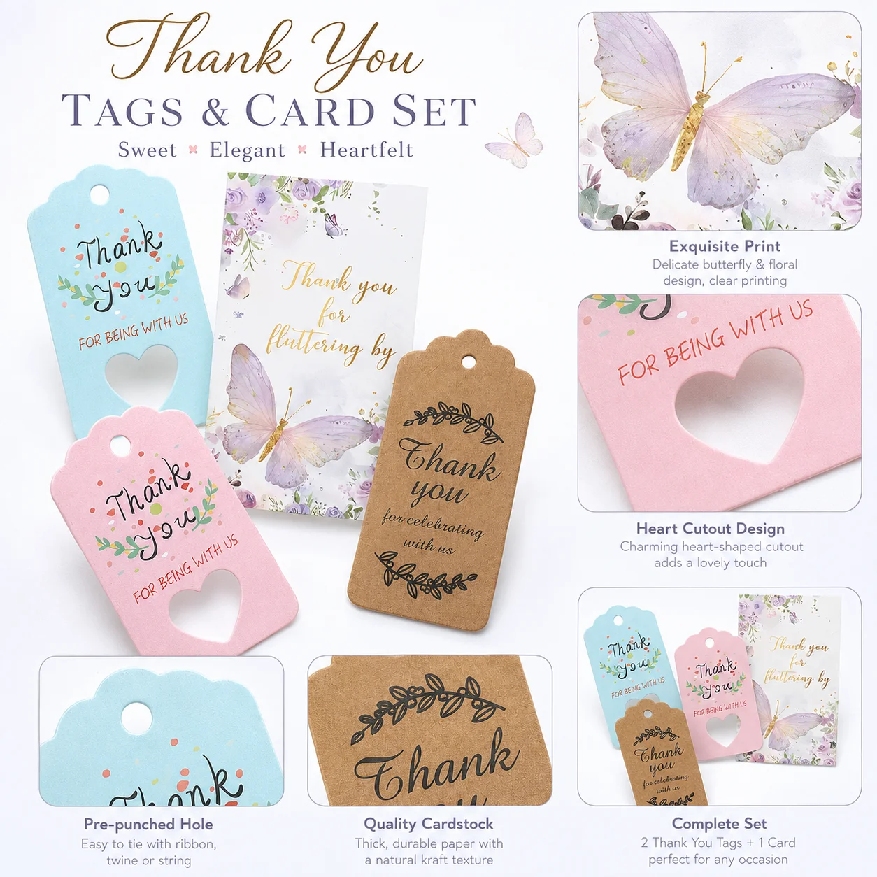 50 Stück Dankeschön-Geschenk-Etiketten Schmetterling Hohles Herz Papieretiketten Hochzeit Party Gastgeschenk Bastelverpackung Hängeetiketten DIY Deko – Detail 1