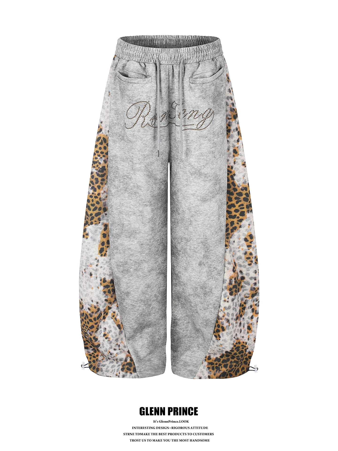 

Men's Baggy Sweatpants with Tie Dye Leopard Print Patchwork Bead Embellishment Knife Design Loose Fit Polyester Cotton Blend