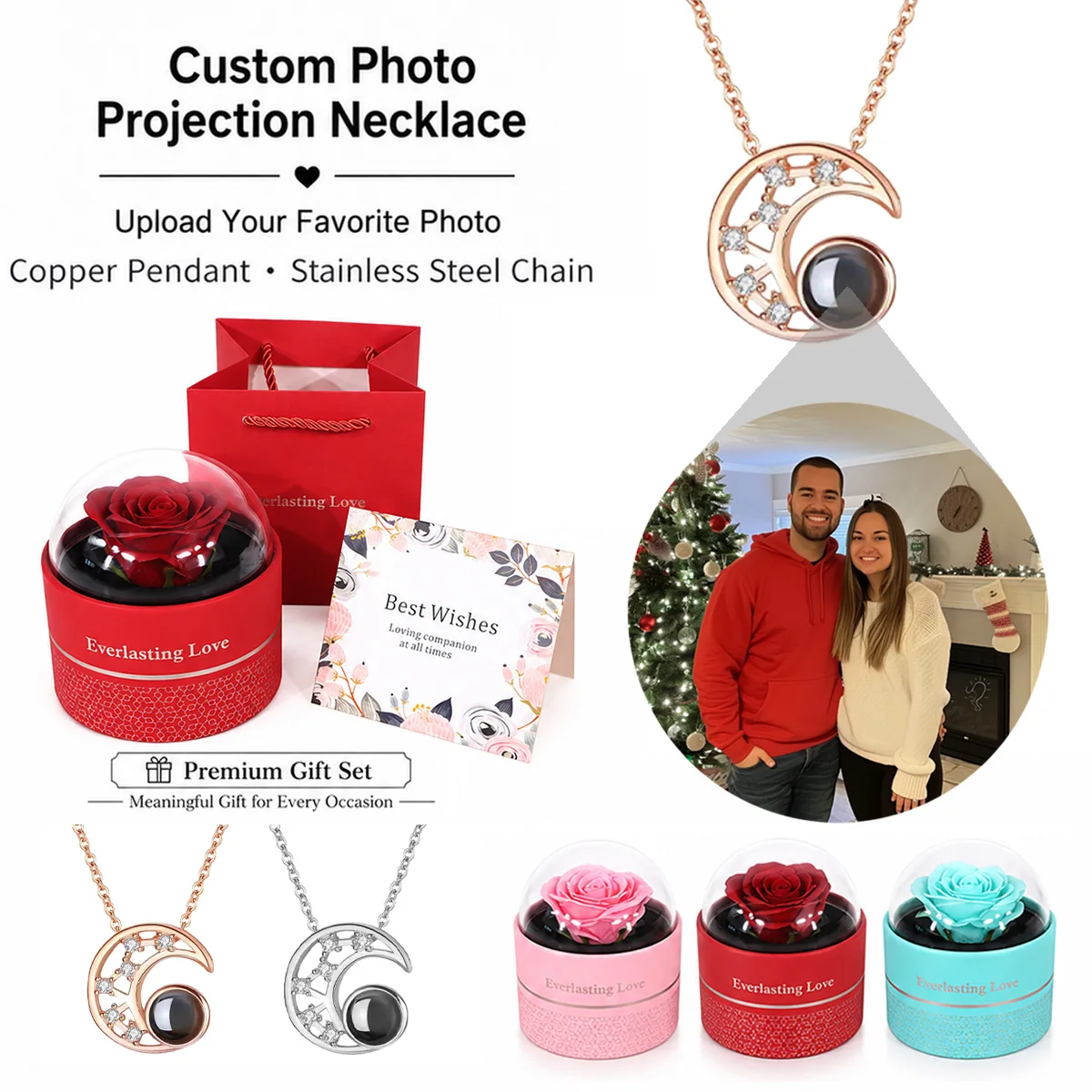 Custom Color Photo Projection Moon Necklace Rose Gift Box Stainless Steel Chain Anniversary Valentine's Mother's Day For Women