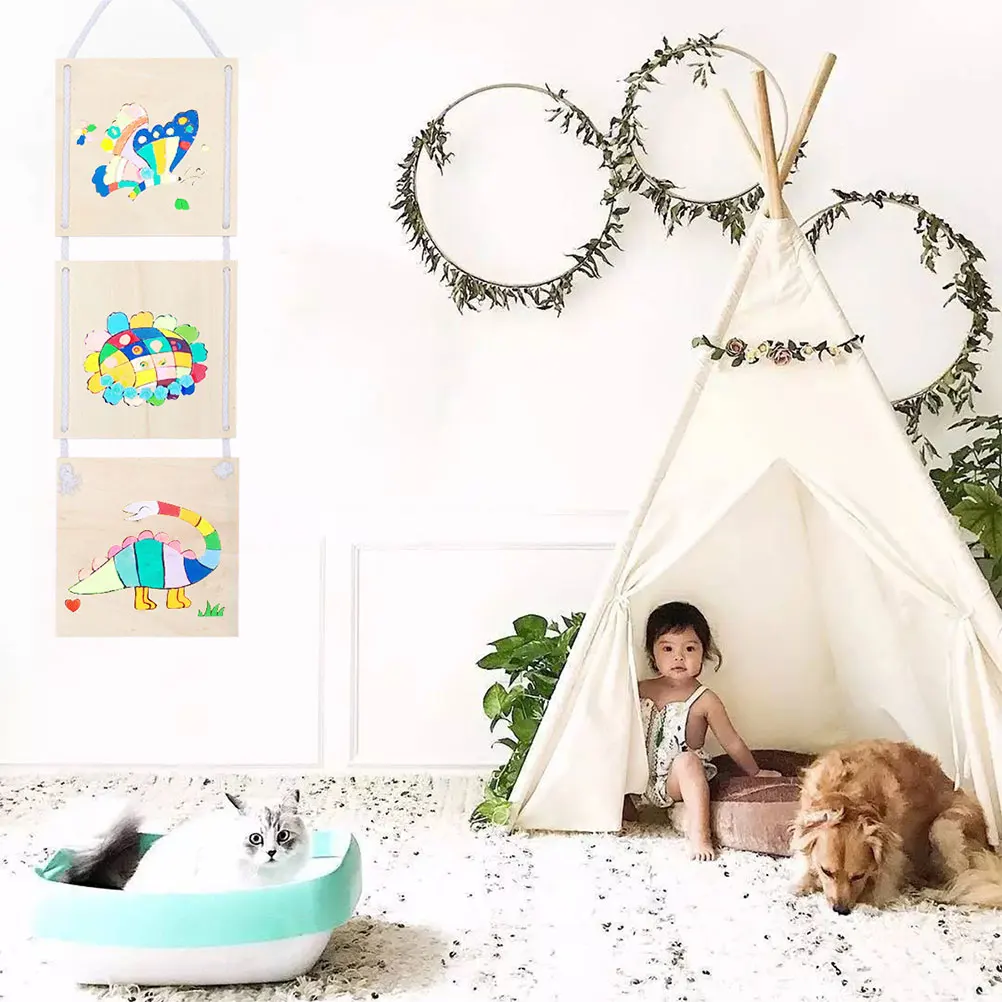 

2 pcs Wooden Board Pendant Wall Decor Thickened Cotton Cord Hanging Display For Home Cafe Kids Sticker Painting Light Weight Diy
