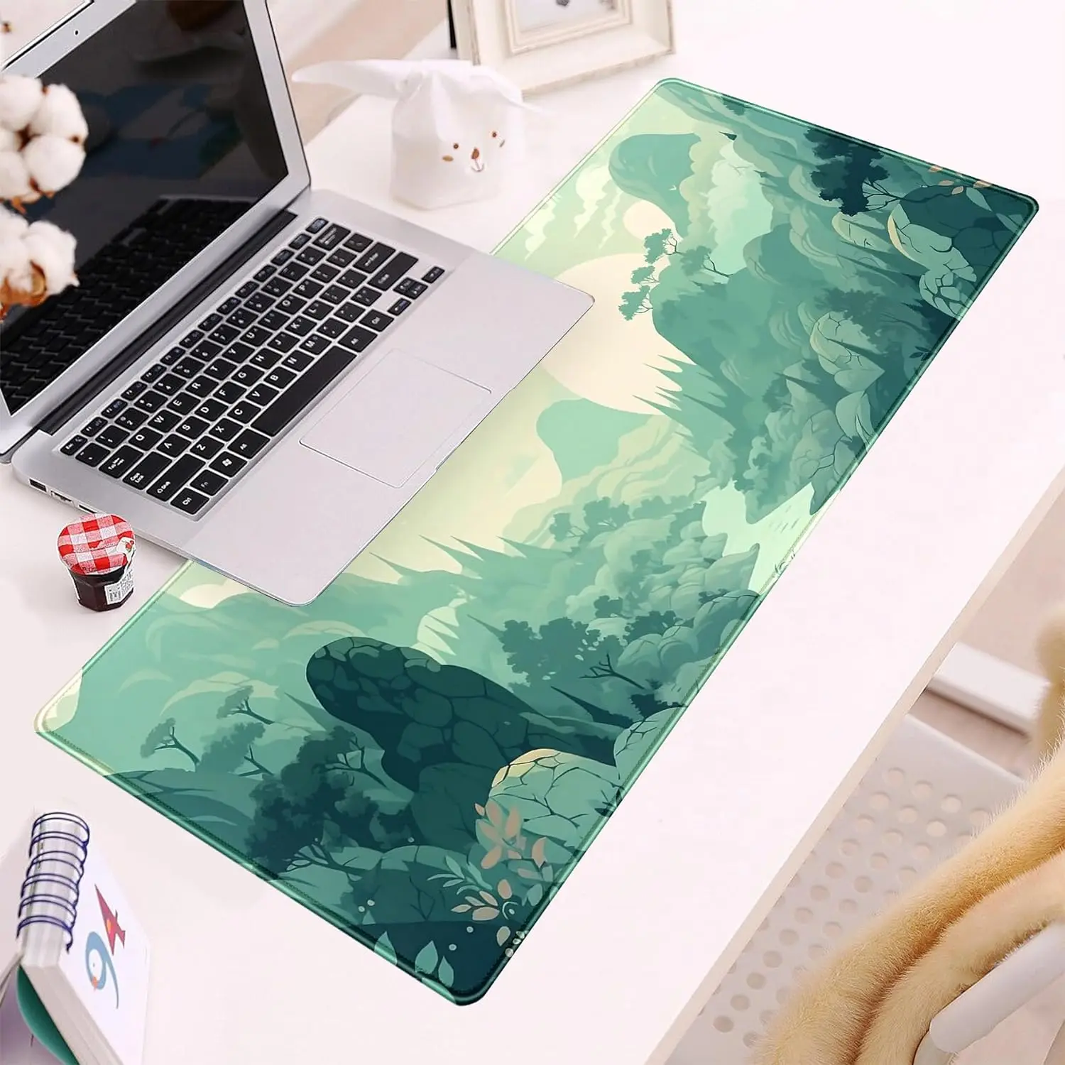 Imagem -06 - Grande Anime Gaming Mouse Pad Bonito Pastel Menta Verde Floresta Sábio xl Office Desk Decor Mat Bordas Costuradas 315x118 Pol