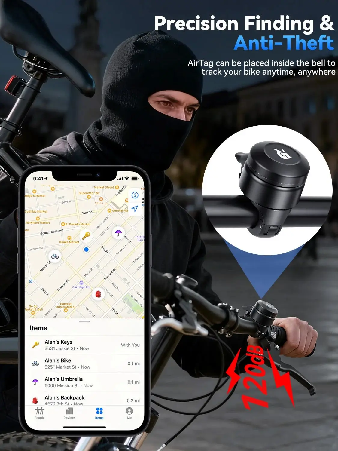 AliExpress NONE Rockbye 120dB Bike Bell For Apple AirTag Waterproof ‎Handlebar Mount Bicycle Bell Hidden GPS Tracker Cycling Bike Accessories