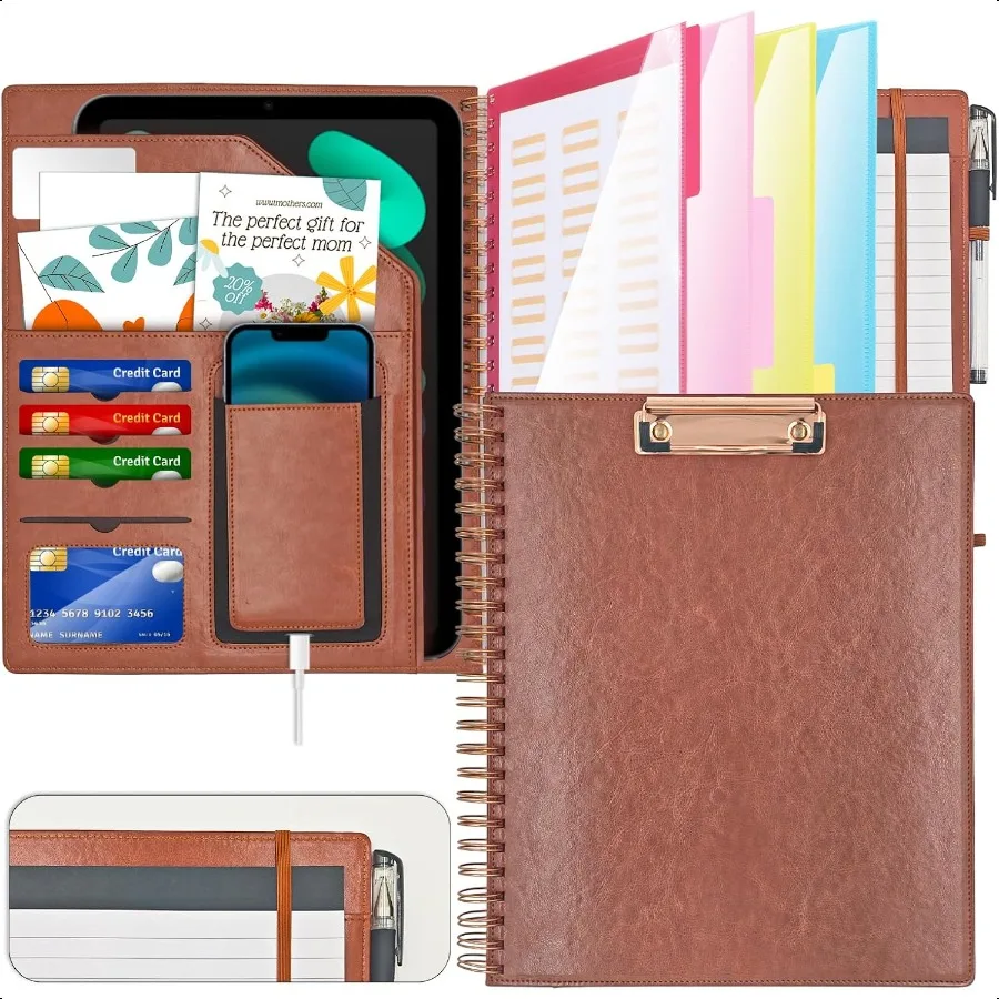 

Leather Spiral Padfolio Padfolio for Men with clipboard with a Mirror 5 Folders with 10 Pockets Portfolio Binder Clipboard with