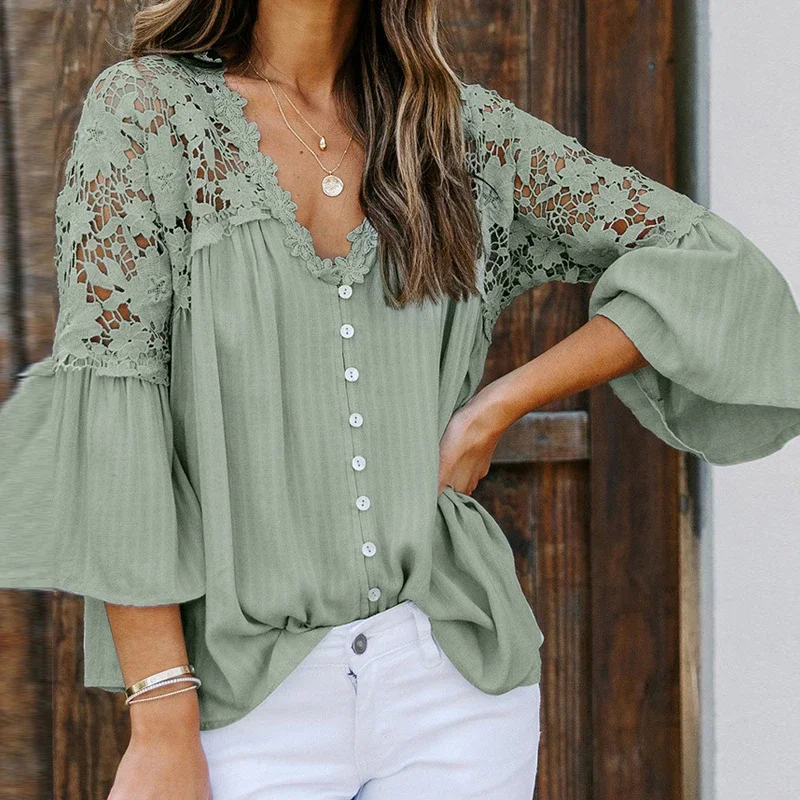 

TEELYNN Hollow Out Lace Blouses Shirts Women shirt 2024 Vintage V Neck Flare Sleeve Summer Blouse Ladies Top Boho Beach Blusas