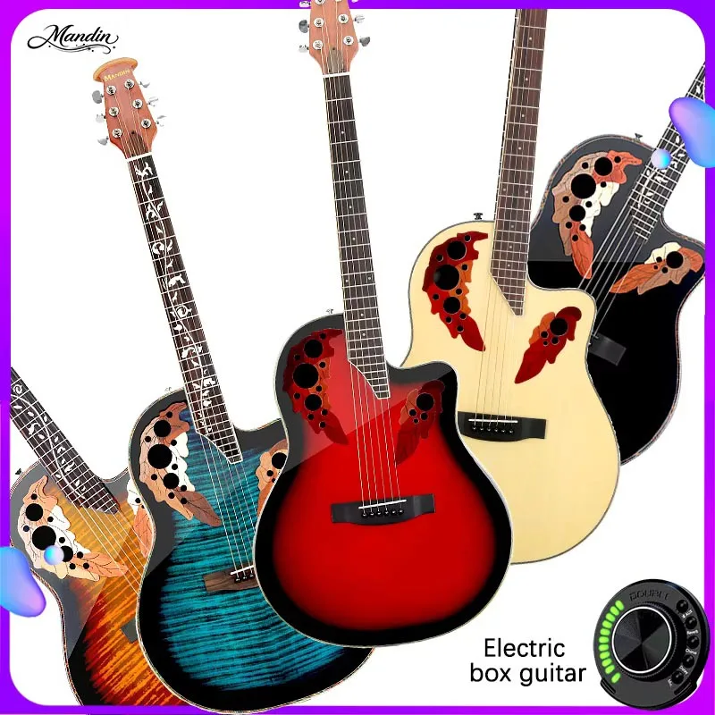 Guitarra Acústica Mandin SFT de 41, 36, 38 y 40 Pulgadas con Boca en Forma de Uva, Caja Eléctrica, Fibra de Carbono, Estilo Ovation, en Negro, Azul y Rojo