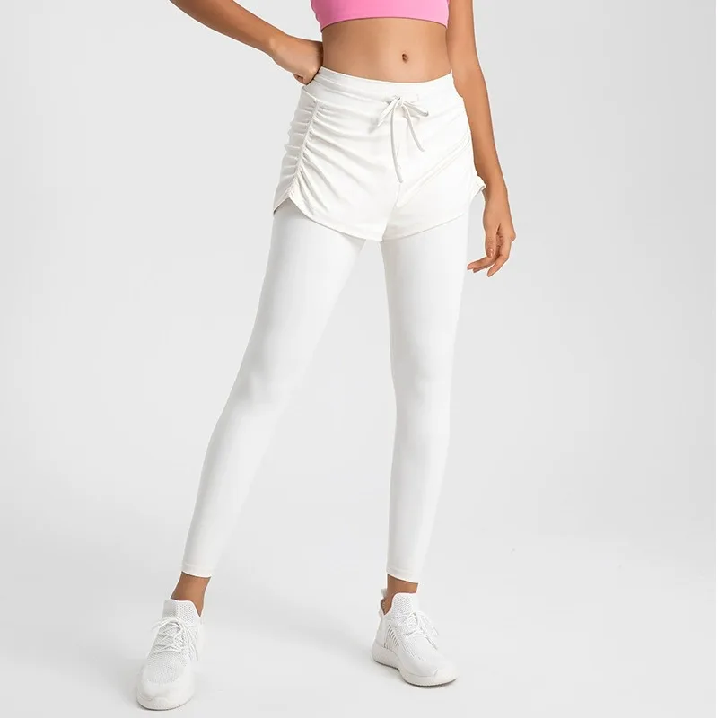 2025年秋 レディース ハイウエスト ヨガパンツ ヒップアップ フェイクツーピース レギンス スリムフィット 伸縮性 ジム ランニング トレーニング スポーツパンツ