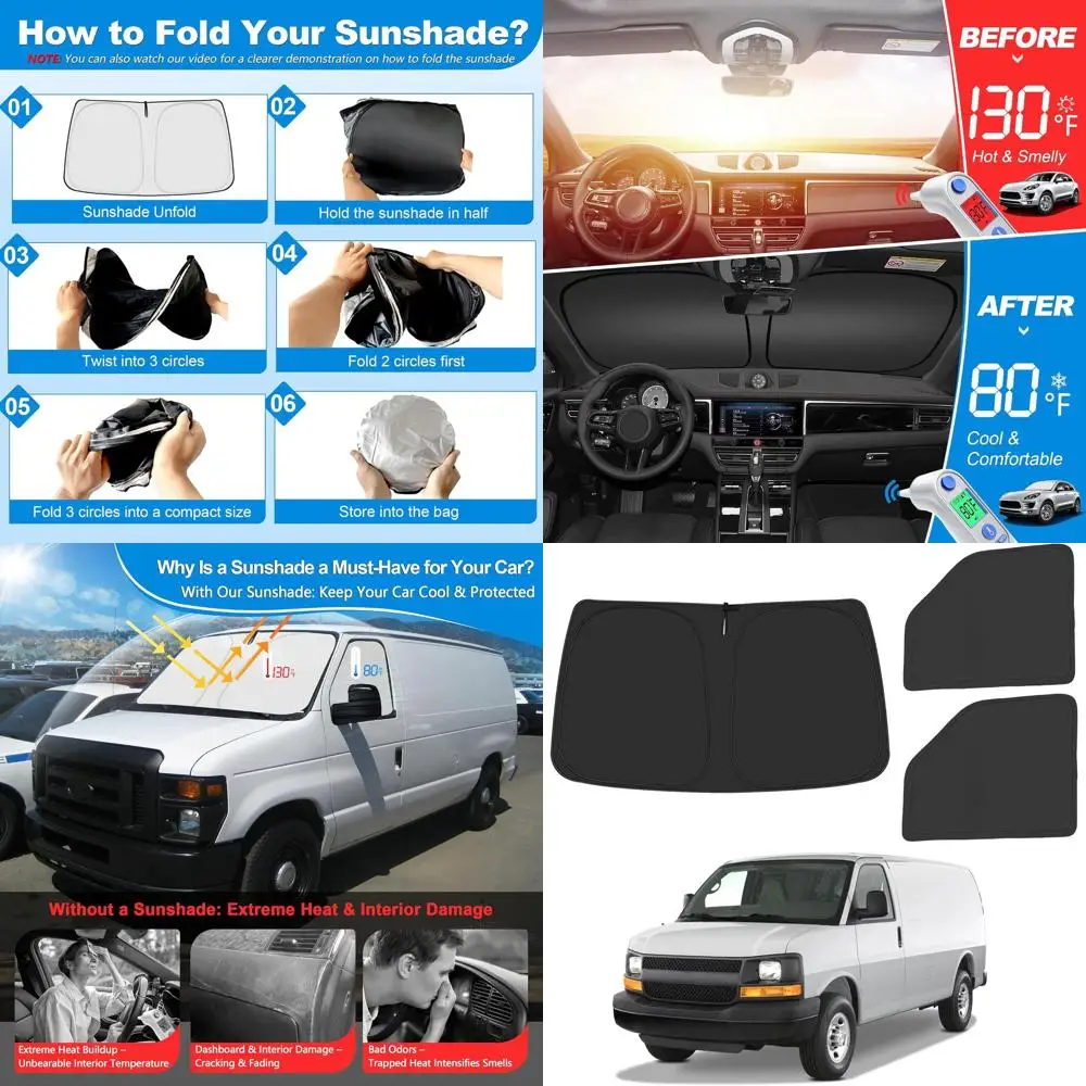 

Universal Adjustable Windshield and Side Window Sunshade Set for Cargo Vans, UV Protection and Heat Blocker, 3-Pack