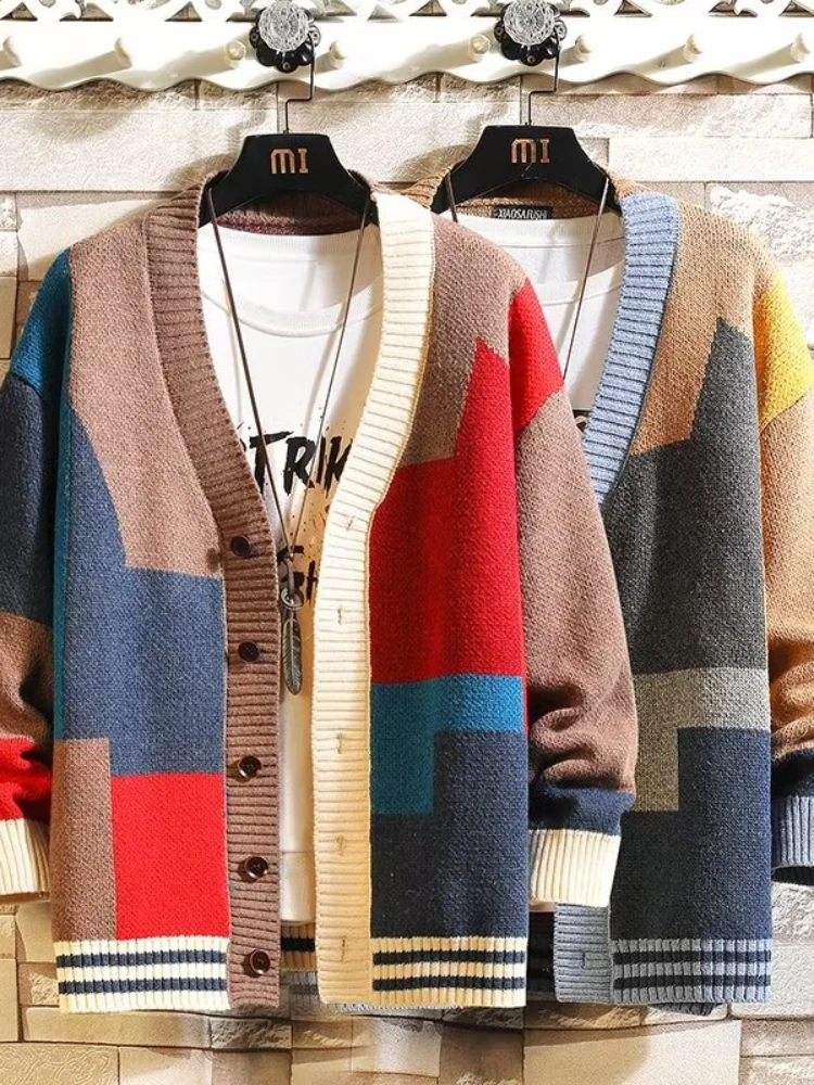 Cardigans Men High Street Youthful Vitality Spring Autumn Baseball Collar Geometric Asymmetric American Style Teenagers Handsome