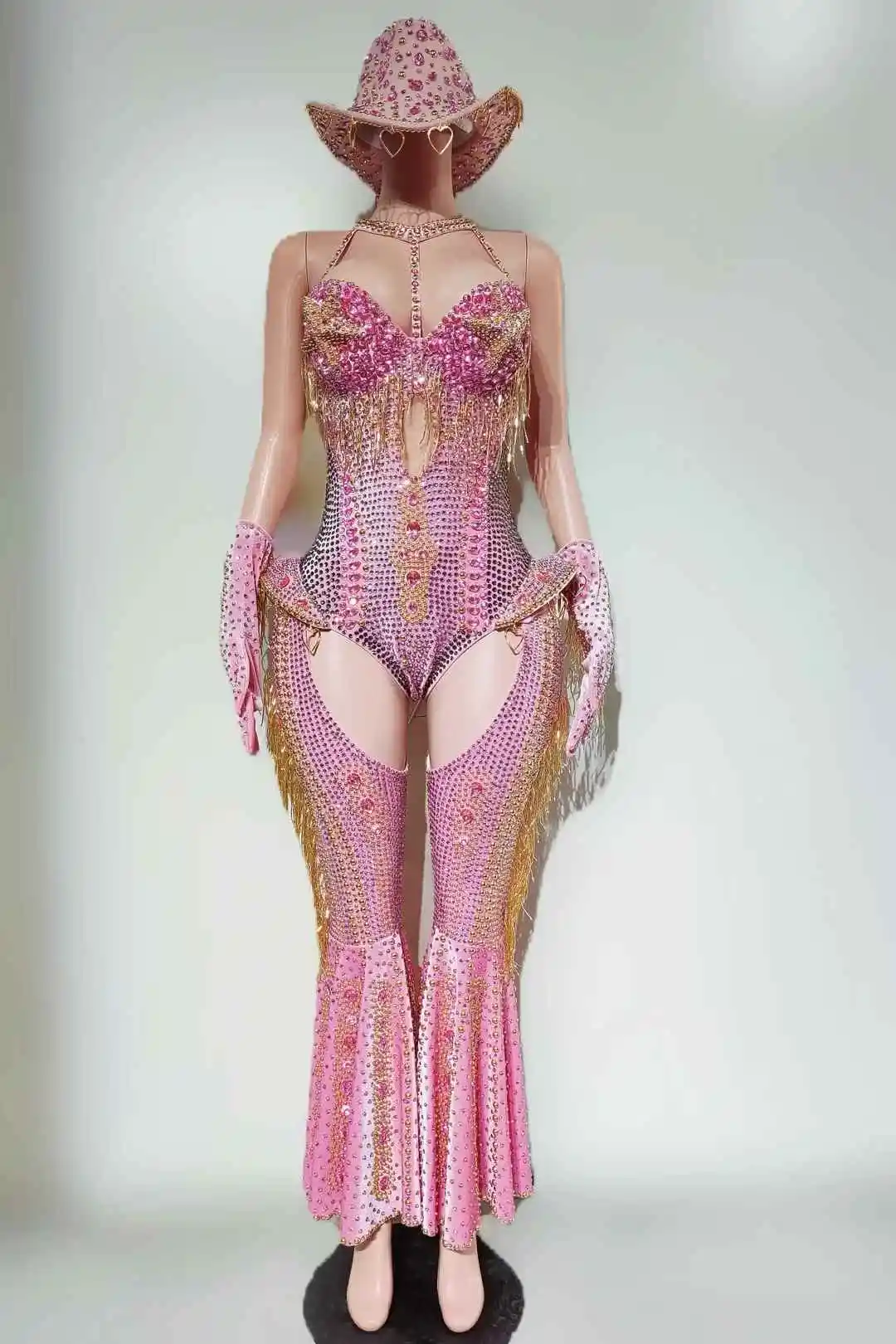 Frauen Sexy Sparkly Strass Rot Body 4 Stück Set Nachtclub Party Bühne Zeigen Outfit Kabarett Karneval Showgirl Bühne Tragen