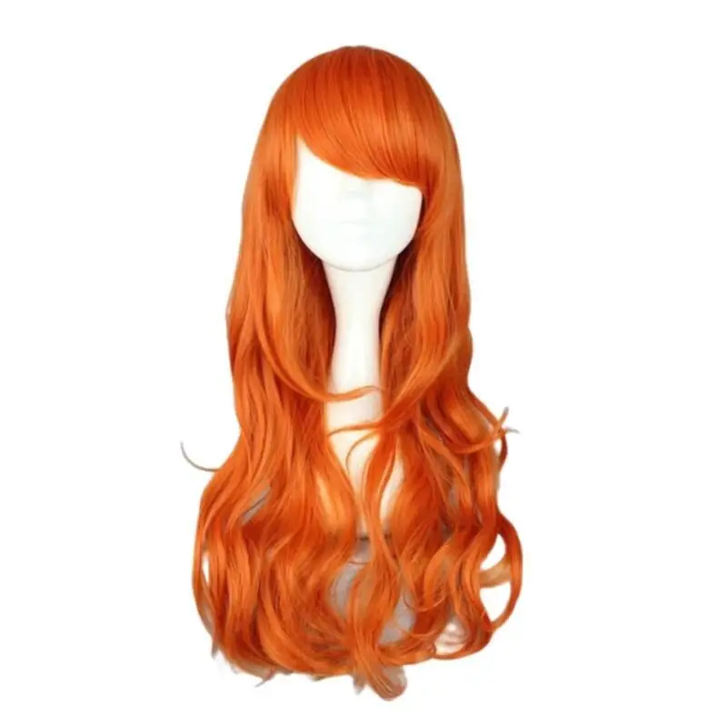Japanische Anime-Piraten-Themen-Nami-Cosplay-Perücke für Frauen, orange, lang, gewellt, lockig, mit seitlichem Pony, hitzebeständige synthetische Perücke