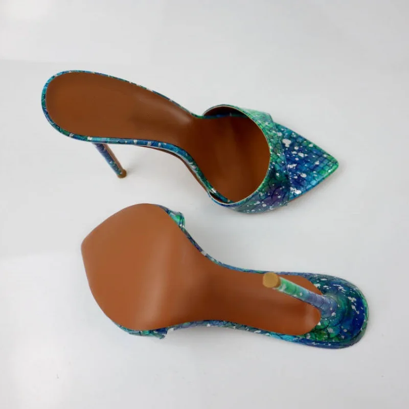 Blau-grüne Schlangenmuster-Mules für Damen, spitze Zehenpartie, Stiletto-Absatz, Schlupfsandalen, Nachtclub-Party-Schuhe