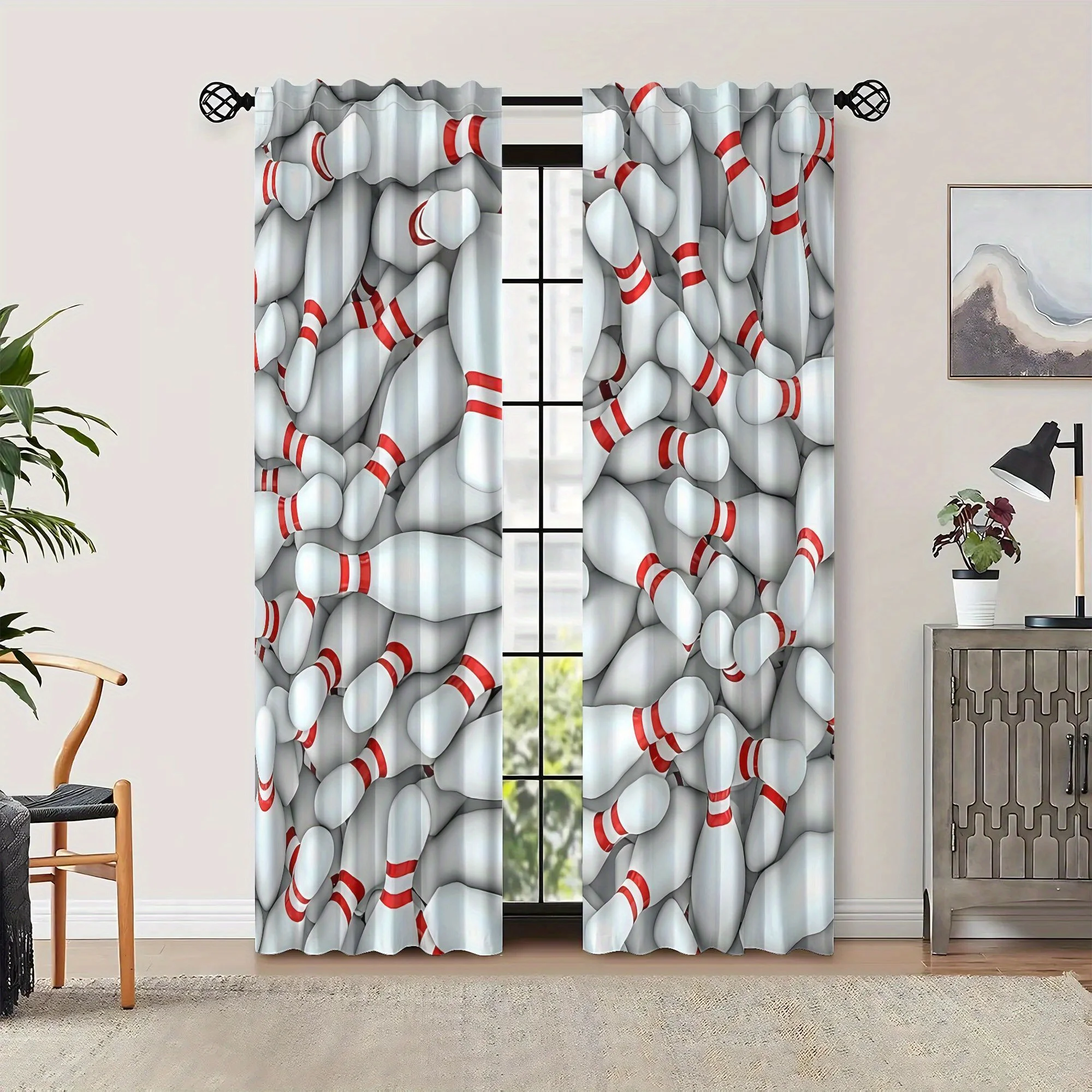 Funny Bowling Pins Print Curtains, Sports Game Pattern Drapes, Novelty Kids Room Window Treatment Recreation Home Decor