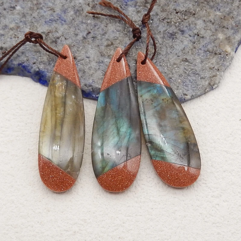 3Pcs Natural Stone Red River Jasper Labradorite Teardrop Pendant Beads Fashion Jewelry Necklace Accessories 38x13x5mm 11g