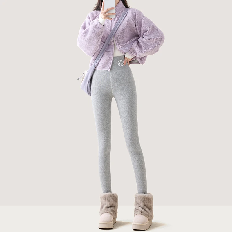 Leggings de invierno gruesos de lana de 600g para mujer, mallas cálidas grises adelgazantes de cintura alta, mallas térmicas ajustadas elásticas para mujer