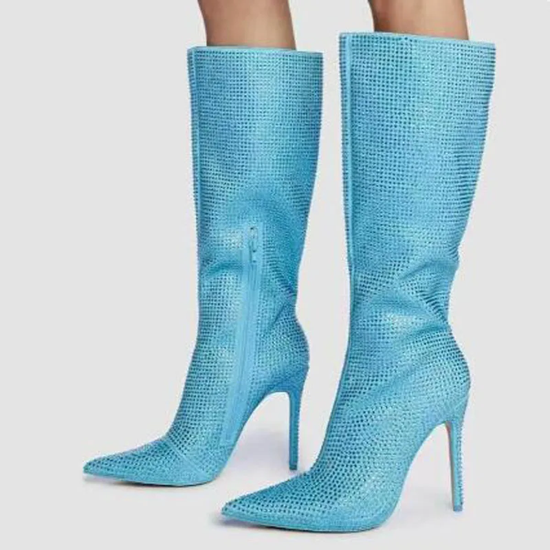 Sky Blue Black Full Rhinestone Patchwork Pointed Toe Knee High Boots Fashion Women Hidden Zipper Stiletto Heels Long Boots