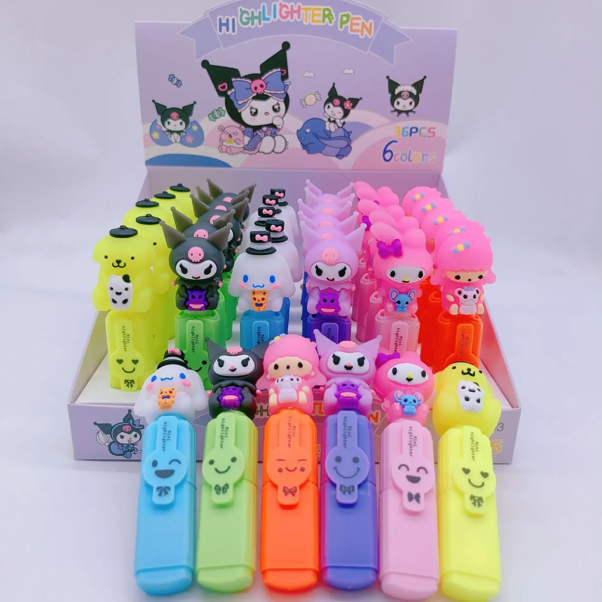 Cute Sanrio 36pcs  6 Color High Lighter Bevel Head Student Color Marker Diy Account Pen Anime Cartoon Student Stationery