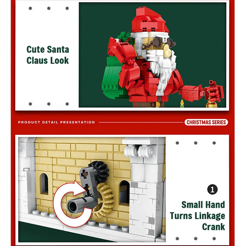 1038PCS Santa Sleigh Mechanical Model Bricks MOC Vintage Christmas Ornament DIY Toy Christmas Desktop Ornament Holiday Gift