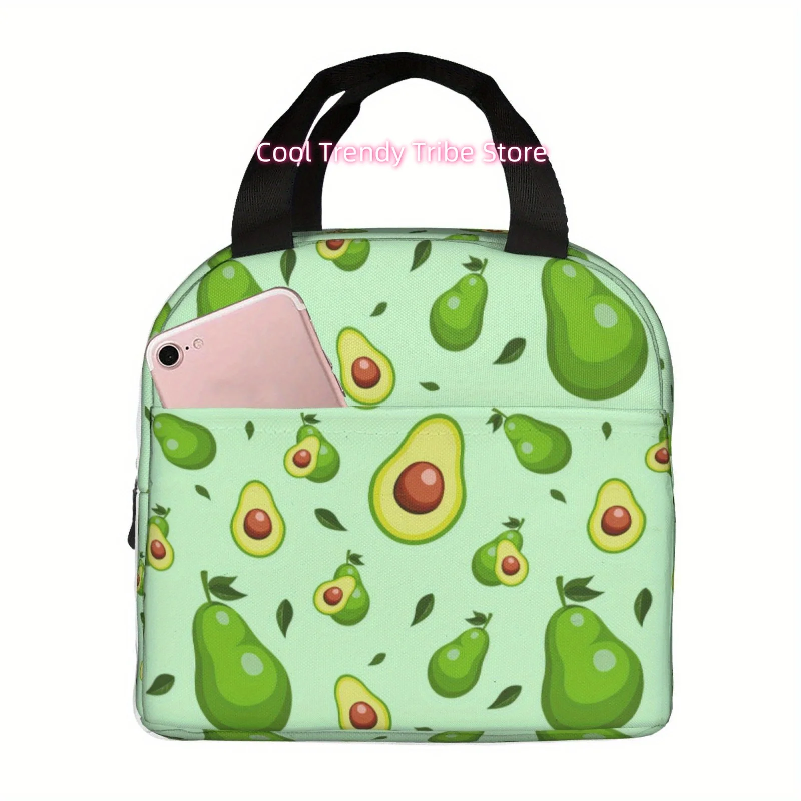 Non-Food Contact Avocado Print Insulated Lunch Bag - Reusable, Square-Shaped Polyester Cooler for Camping, School, Beach, Home,