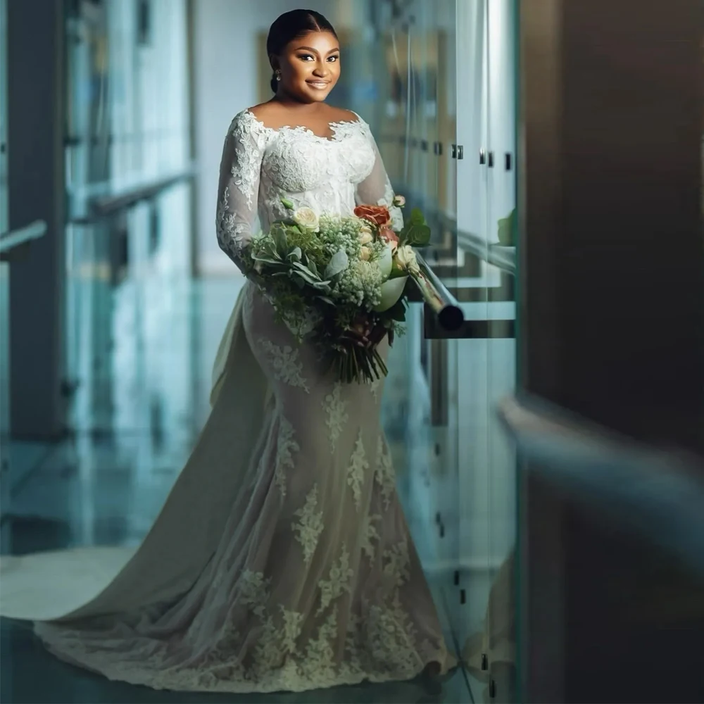 Vintage Zeemeermin Trouwjurken Doorschijnende Hals Lange Mouw Bruidsjurk Vlinderdas Trein Kanten Appliques Robe De Mariage Voor Bruid