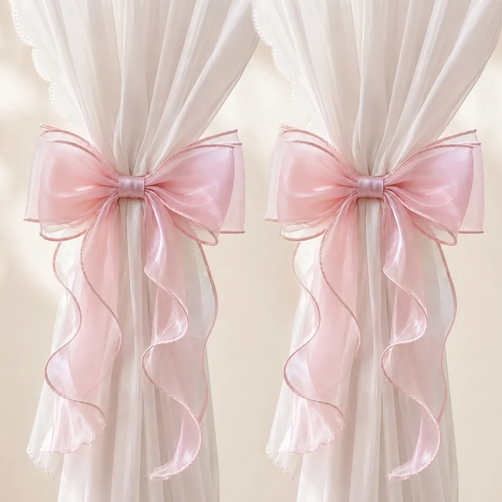 2PCS Mesh Shiny Bow Curtain Tie Non Drilled Home Decor Curtain Clips French Style Decorative Rope Curtain Holders