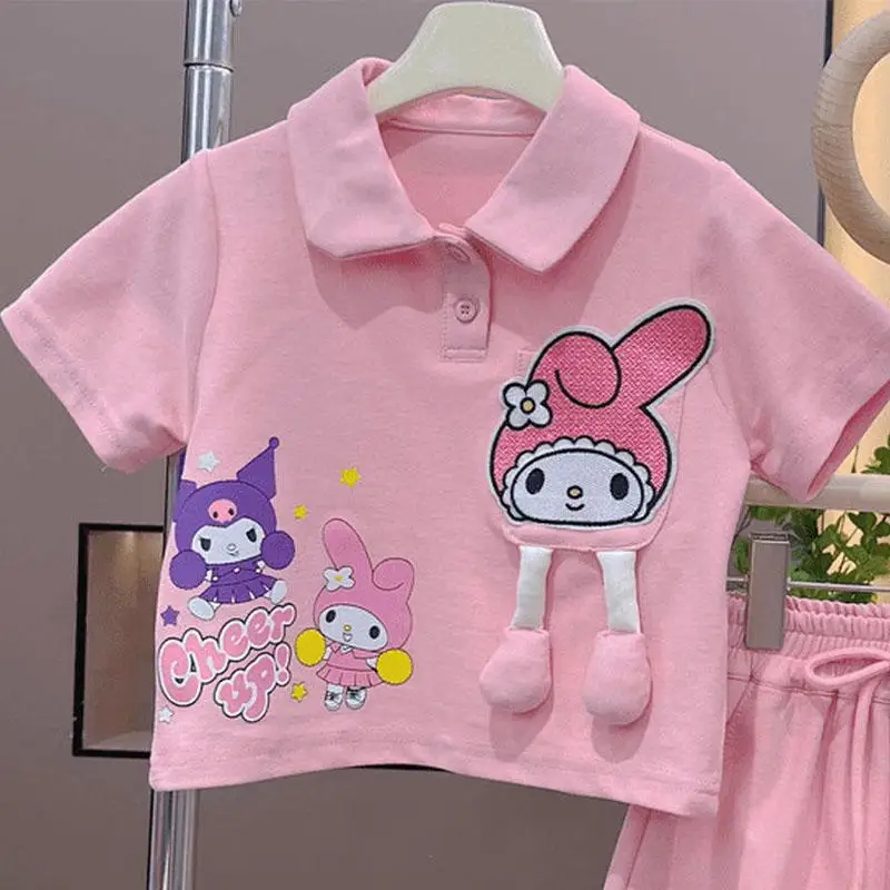 ชุดกางเกงขาสั้นแขนสั้นเด็กลายการ์ตูน Kuromi เสื้อยืดผ้าฝ้ายลาย My Melody ชุดสูทลำลองทรงหลวมสำหรับฤดูร้อนผ้าเด็กแบบแฟชั่น